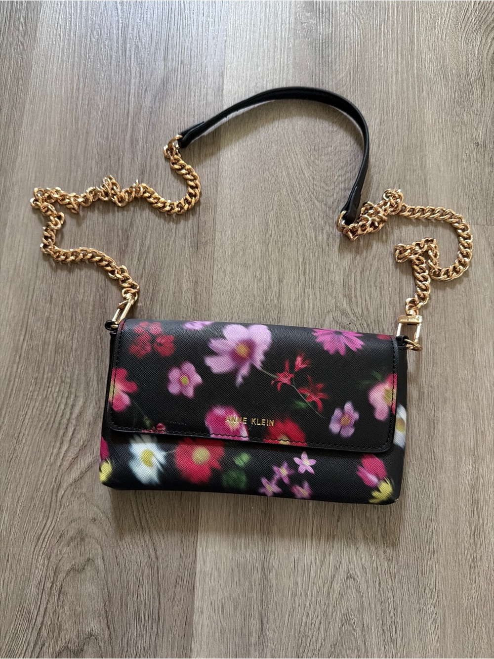 Anne Klein Black Floral Crossbody with Gold Chain Strap